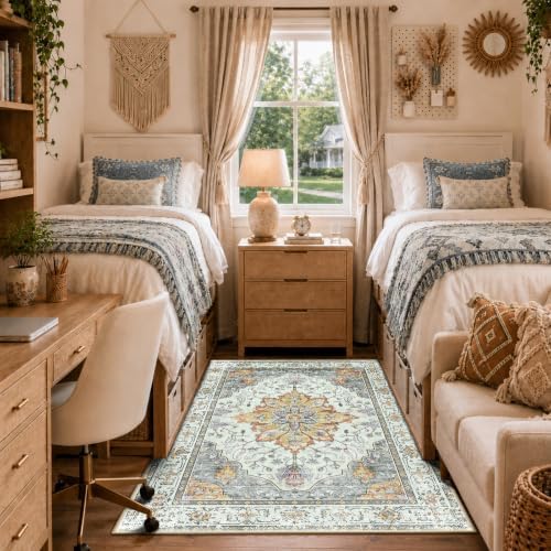 RELEANY Washable Area Rug, 4'x6', Beige/Carbon Grey/Orange by RELEANY