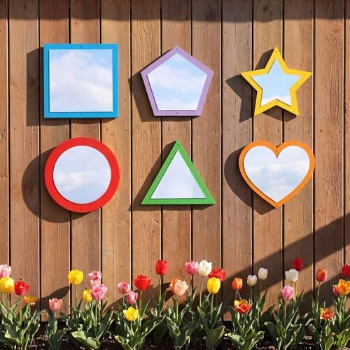 Xuhal 6 Pcs Acrylic Sensory Mirrors Set Colorful Geometric Mirror Square Triangle Circle Star Heart Pentagon Shapes Learning Tool Outdoor Sign for Sensory Rooms Garden Wall Decorations by Xuhal