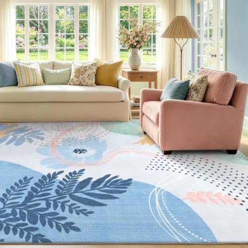 6x9 Ft Washable Area Rug for Living Room Cream Blue Modern Neutral Carpet - Image 4