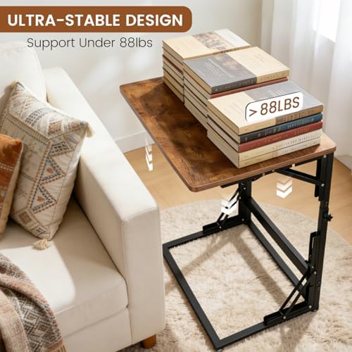 Folding Side Table, Adjustable C-Shaped End Table for Couch, Metal Frame TV Tray Table for Sofa Living Bedroom Bedside Coffee Small Spaces (Brown, 23.6" L x 15.8" W) - Image 3