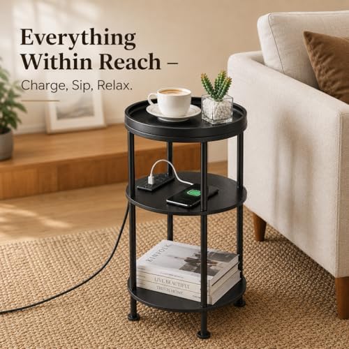 Small Round Side Table with Charging Station, Black - Image 3