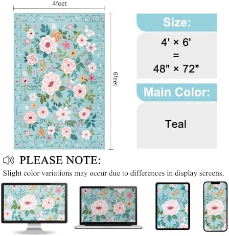 DUKINO 4x6 Area Rug, Floral Washable Rug Non Slip Office Chair Mat, Teal - Image 2
