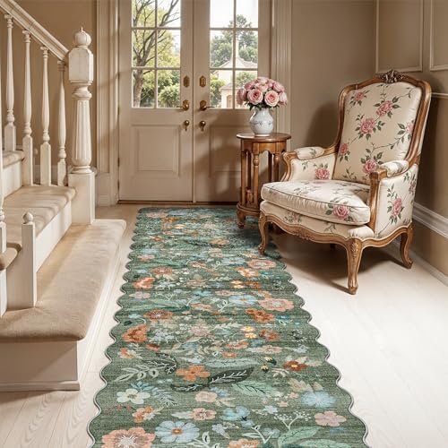 Washable 2x8 Hallway Runner Rug: Water-Resistant Kitchen Rug Soft Bedroom Carpet Non-Slip Indoor Hardwood Floor Mat for Entryway Bathroom Dining Room Boho Decorative Home Decor(2x8, Floral/Green) - Image 4