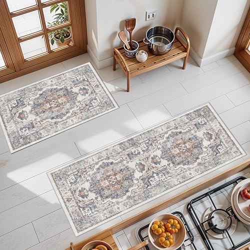 2-Piece Kitchen Runner Rug Set: Washable Non-Slip Floor Mats for Sink & Stove Cooking Area Soft Low Pile Water-Resistant Carpet for Dishwasher Fridge Fronts Durable Kitchen Island Mats(2x3+2x4,Brick) by HYHAOYUNLAI