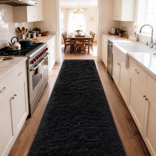 Ophanie Runner Rug for Hallway,2.5x12 Washable Non-Slip Fluffy Soft Bedside Rugs,Bedroom Living Room Shaggy Carpet for Kids Girls Boys Dorm Nursery Decor Aesthetic,Black with Over 99 pcs Pile fibers - Image 3
