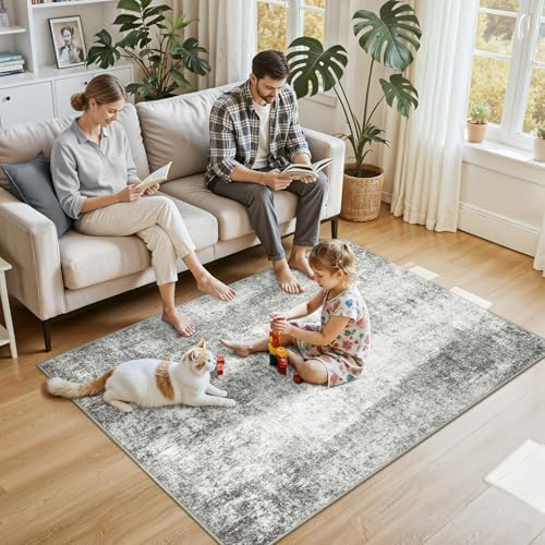 RELEANY Washable 4'x6' Abstract Area Rug for Living Room Gray White - Image 3