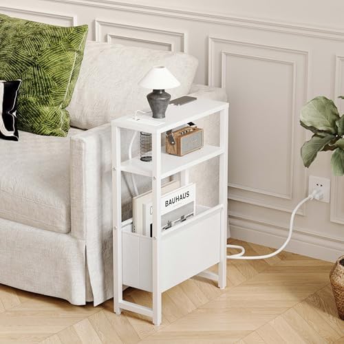 Narrow Side Table with Charging Station Slim End Table Sofa with Magazine Rack, Bedside Table for Small Spaces, 3 Tier Nightstand for Living Room Couch, Bedroom White LET503WE - Image 2