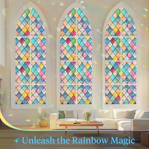Haton Stained Glass Window Film, Rainbow Lattice Stickers, 17.5" x 118.1" - Image 3