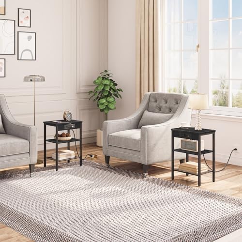 HOOBRO Side Table with Charging Station and USB Port, Small End Table for Small Space, 3-Tier Nightstand with Adjustable Shelf, for Living Room, Bedroom, Black BB112BZ01 - Image 2