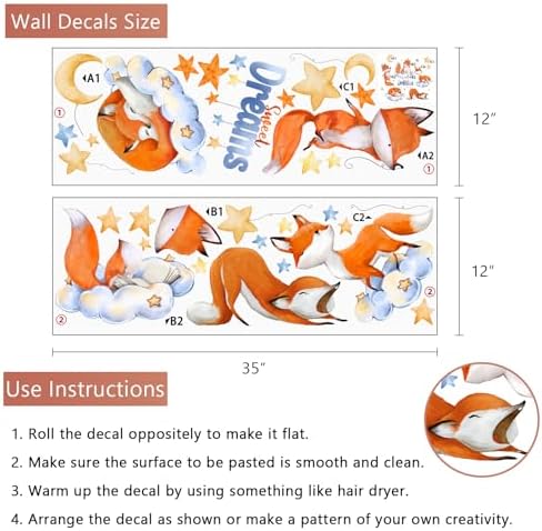 Yovkky Sweet Dream Sleeping Fox Wall Decals Stickers, Cloud Moon Stars | Neutral Toddler Baby Nursery Decor, Cute Home Decorations Kids Bedroom Playroom Art - Image 2