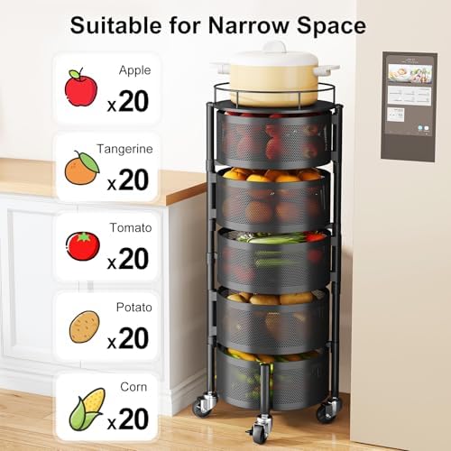 SAYZH 5 Tier Fruit Vegetable Basket Stand for Kitchen, Rotating, Black - Image 4