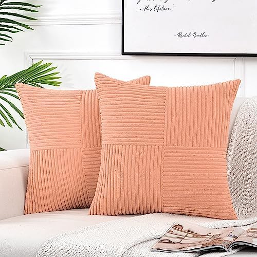 Fancy Homi 2 Packs Peach Samll Decorative Throw Pillow Covers 12x12 Inch with for Couch Bed Sofa, Rustic Farmhouse Boho Home Decor, Soft Corss Patchwork Corduroy Cute Square Cushion Case 30x30 cm by Fancy+Homi