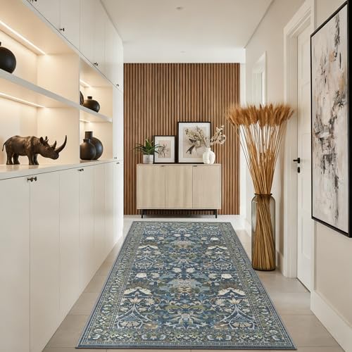 4x8 Washable Kitchen Area Rug: Farmhouse Stain-Resistant Elegant Floral Rug for Living Room Bedroom Wide Soft Carpet for Entryway Bathroom Thin Hallway Floor Mat with Non Slip Backing(4x8,Floral/Blue) - Image 4