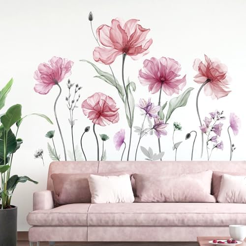decalmile Poppy Flower Pink Floral Blossom TV Wall Decals Stickers by decalmile