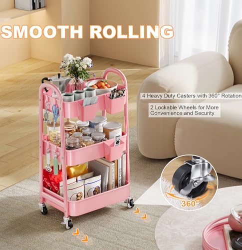 3 Tier Rolling Storage Cart Metal with Wheels, Pink Three Tiered Craft Cart - Image 6