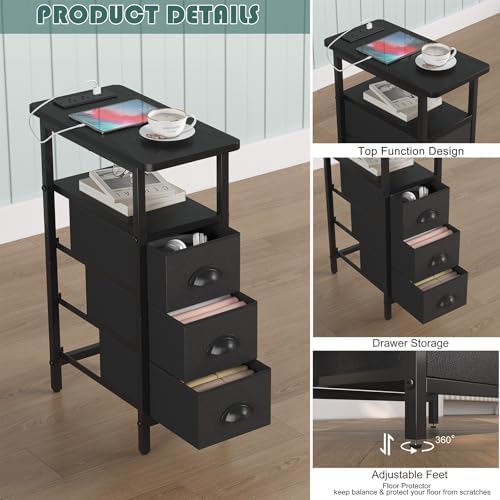 sthmec End Table with Charging Station,LED Side Tables with USB Ports and Outlets,Skinny Bedside Tables with 3 Drawers,Small Tabls Nightstands for Small Space,Slim Sofa Table for Livingroom,Black - Image 5