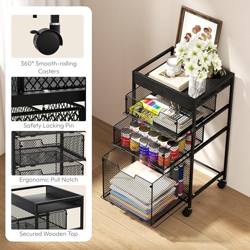 SWTYMIKI Rolling File Cart with Drawers - 4 Tier Under Desk Storage Craft Rolling Organizer Cart - Office Storage &Organization, Mobile Metal Filing Cabinet for Office and Home Black - Image 5
