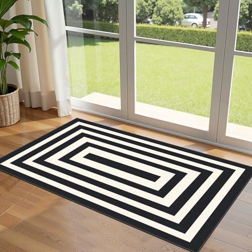 Front Door Mat Indoor Entrance 2x4.3 Modern Black White Striped Rug by Othilic