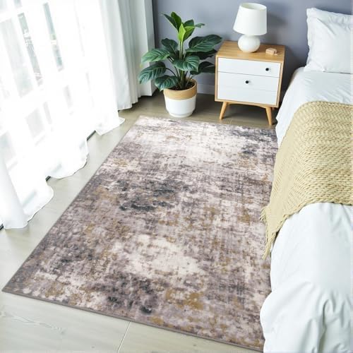Modern Abstract 3x5 Rug, Bedside Area Rug, Machine Washable Non Slip Rugs for Bedroom, Low Pile Stain Resistant Distressed Rug for Nursery, Living Room, Dining Room, Grey Gold - Image 3