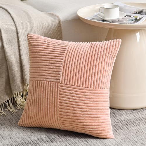 Fancy Homi 2 Packs Peach Euro Decorative Throw Pillow Covers 26x26 Inch for Couch Bed Sofa, Rustic Farmhouse Boho Home Decor, Soft Corss Corduroy Patchwork Textured Square Cushion Case 66x66 cm - Image 2