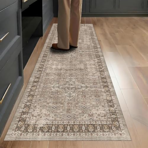 Washable 2x6 Runner Rug, Non Slip Kitchen Hallway Vintage Brown - Image 5