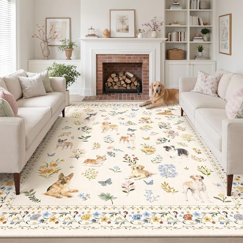 Soalmost Dog 9x12 Area Rugs for Living Room, Washable Animal Soft Rug Beige by Soalmost