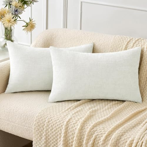 MIULEE Soft Chenille Lumbar Throw Pillow Covers White 12x20 Inch Pack of 2 by MIULEE