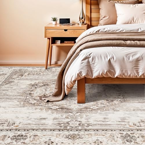 8x8 Area Rug Washable Living Room Rugs: 8ft Square Ultra Thin Soft Oriental Area Rugs Non-Slip Backing Farmhouse Rug Low Pile Thin Stain Resistant Indoor Carpets, 8' x 8' Beige - Image 4