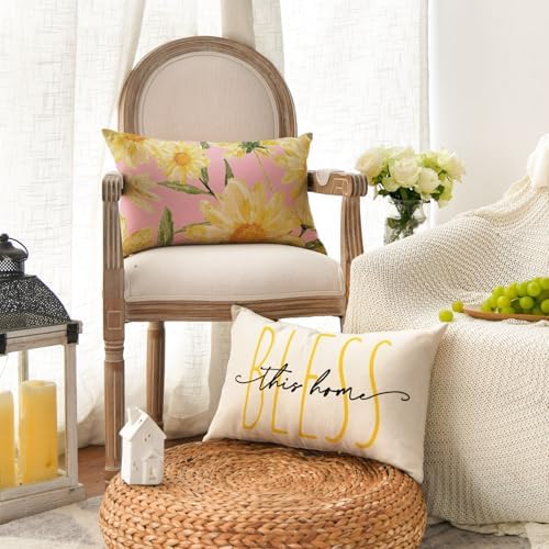 AVOIN colorlife Home Sweet Home Spring Summer Flowers Pink Throw Pillow Covers, 12 x 20 Inch White Cushion Case for Sofa Couch Set of 4 - Image 3