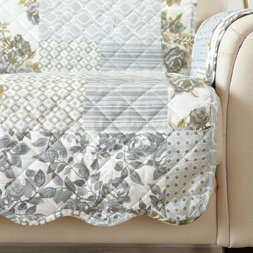 Great Bay Home Reversible Patchwork Loveseat Cover - Washable Slipcover Furniture Protector with Elastic Straps - Perfect for Kids & Pets - Box-Stitched Detail (Grey) - Image 2