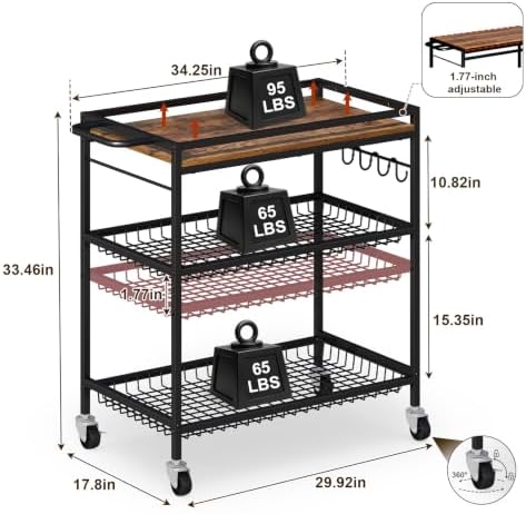 Microwave Kitchen Cart – 3 Tier Rolling Kitchen Utility Cart for Microwave Table Stand, Coffee Cart, Bar Cart, Kitchen Appliance Storage with Adjustable Shelf & Lockable Wheels, 34.25" L x 33.46" H - Image 3