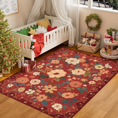 DUKINO 3x5 Area Rug, Floral Washable Rug for Bedroom Non Slip, Red by DUKINO