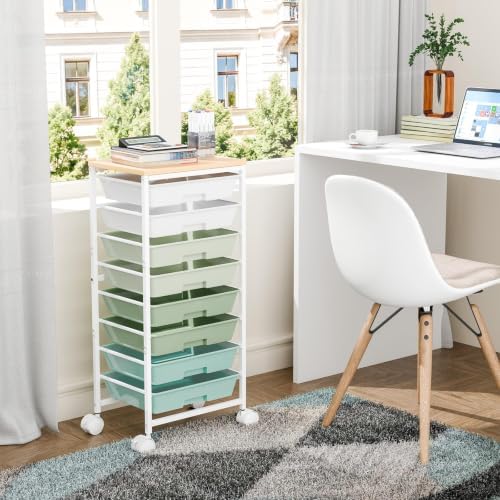 Ekisemio Utility Cart Organizers with Wheels and 8 Drawers, Little Rolling Craft Cart with Wooden Tabletop for Classroom, Office, Living Room, Craft Room, Green - Image 3