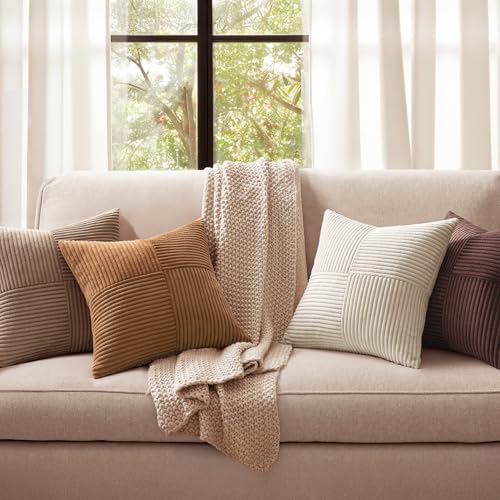 MIULEE Brown Throw Pillow Covers 18x18 Inch Set of 4 Boho Farmhouse Cushion Cases Neutral Gradient Corduroy Pillow Cases with Invisible Zipper Patchwork Home Decor for Couch Sofa Bed - Image 2