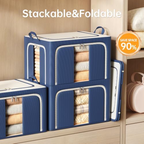 3 Openings Clothes Storage Bins with Metal Frame，100L (navy blue) - Image 3