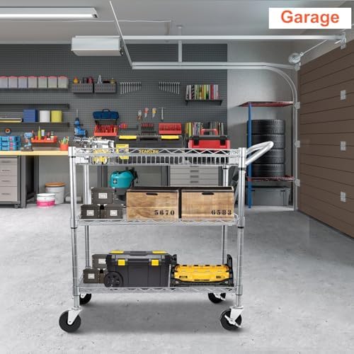 BolDuck Heavy Duty Utility Cart, 990Lbs Capacity 3 Tier Rolling Carts with Wheels, Kitchen Cart on Wheels with Storage, Commercial Grade Metal Serving Carts with Wire Shelving &Handle Bar, Silver - Image 3