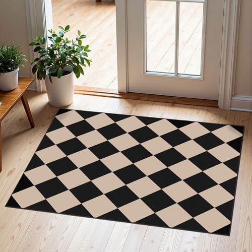 Indoor Outdoor Front Door Mat - 2x3 Black Tan Checkered Diamond Rug by Othilic
