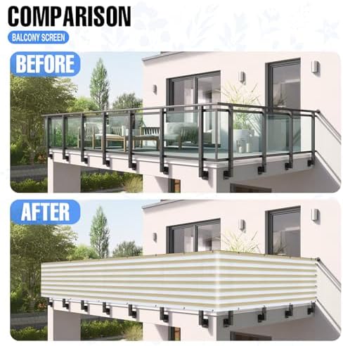 E&K Sunrise 3' x 181' Balcony Privacy Fence Screen Cover with Zip Ties Outdoor Screen Fence UV Protection for Deck Patio Backyard Apartment Pool Porch (Beige White Strip) - Image 3