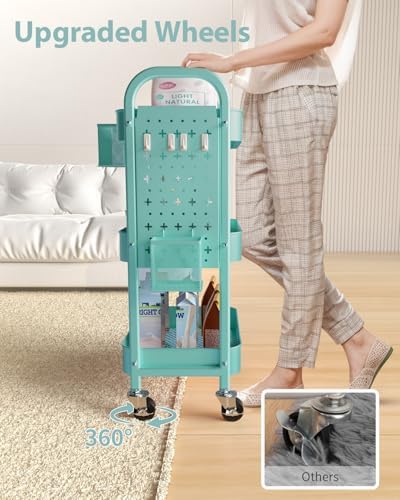 ALVOROG 3 Tier Metal Rolling Utility Cart with Pegboards,Baskets,Hooks,Blue - Image 3
