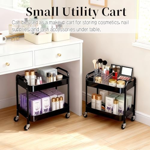2 Pack Pantry Cart 2 Tier Small Rolling Cart with Wheels for Under Desk Storage, Short Rolling Utility Cart Large Basket Metal Kitchen Shelf with Mesh Laundry Room Organizer Side Table, Black - Image 6