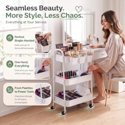 Heavy Duty 3 Tier Rolling Cart Metal with Wheels, White Three Tiered Shelf - Image 4