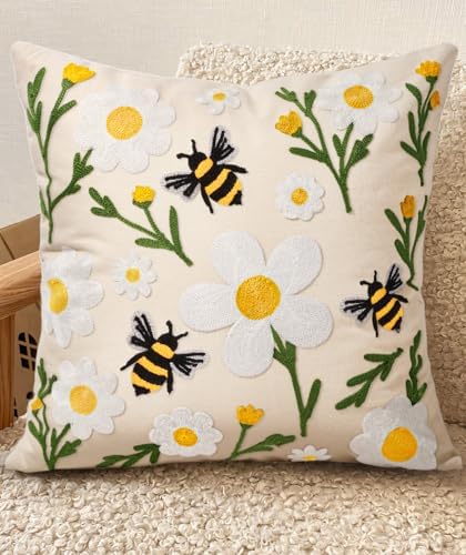 Embroidered Throw Pillow Cover 18x18 Inch, Flower Bee by Kokaaee