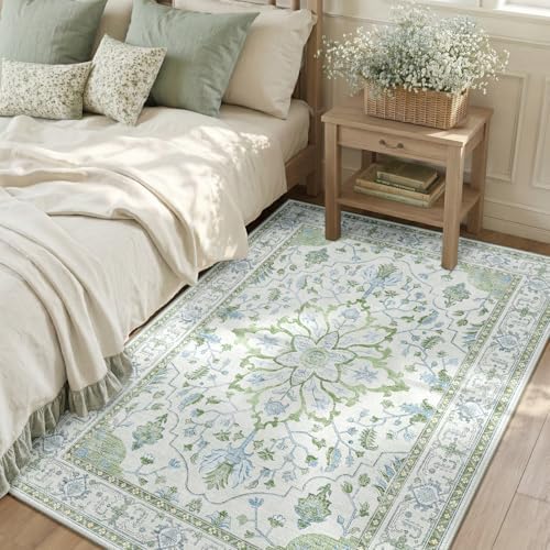 RELEANY Washable Area Rug, 3'x5', Green/White/Blue by RELEANY