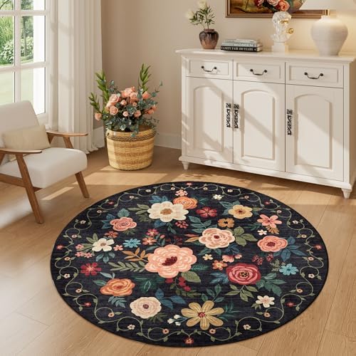 DUKINO 4ft Round Rug, Floral Washable Small Round Area Rug Non Slip, Black by DUKINO