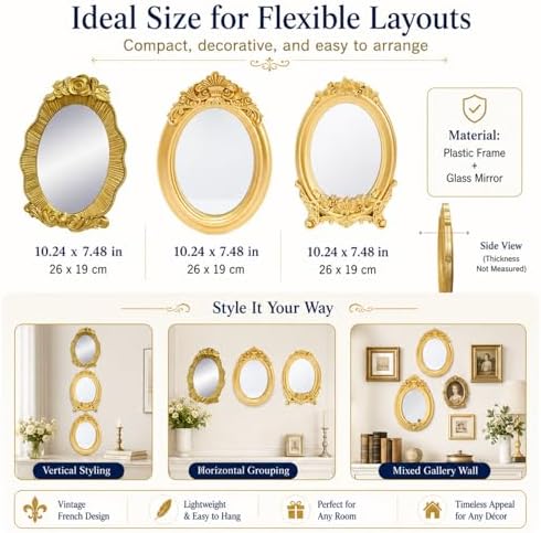 Mifoci Vintage French Wall Mirror Set of 3 Antique Gallery Decor,Oval - Image 2