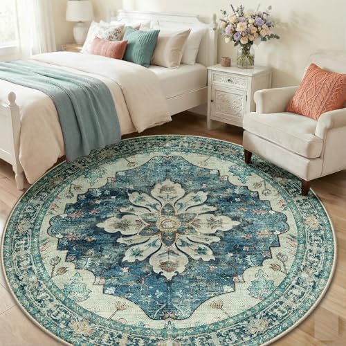 RELEANY Washable Area Rug, Round 6ft, Blue/Vintage Dark Blue - Image 3