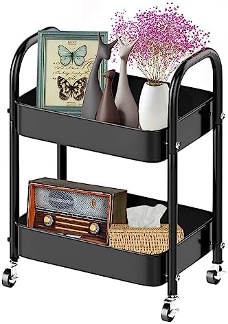 Melody House 2 Tier All-Metal Rolling Storage Cart with Handle and Locking Wheels - Kitchen, Laundry, Office, Bathroom Organizer, Black by MelodyHouse