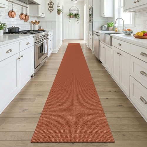 KOZYFLY Orange 2x18 Runners Rugs for Hallway, Extra Long Washable Runner Rug, Woven Non Slip Kitchen Runner, Cotton Entryway Rug, Floor Carpet for Entry, Aisle, Hall, Burnt Orange/Tan - Image 2