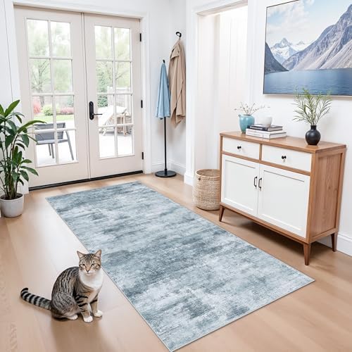 3x6 Washable Wide Runner Rug – Non-Slip Floor Carpet Runner for Kitchen Entryway Hallway Bathroom, Modern Abstract Low Pile Thin Area Rug (Blue Grey) by ZHXXUJ