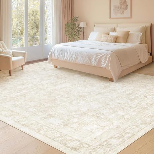 9x12 Area Rugs for Living Room: Washable Large Vintage Floral Rug Low Pile Non-Slip Boho Carpet for Bedroom Dining Home Office (Beige, 9'x12') - Image 5